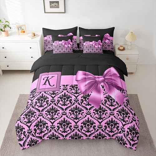 jejeloiu Cute Bowknot Pink Initial K Groovy 7 Pieces Bedding