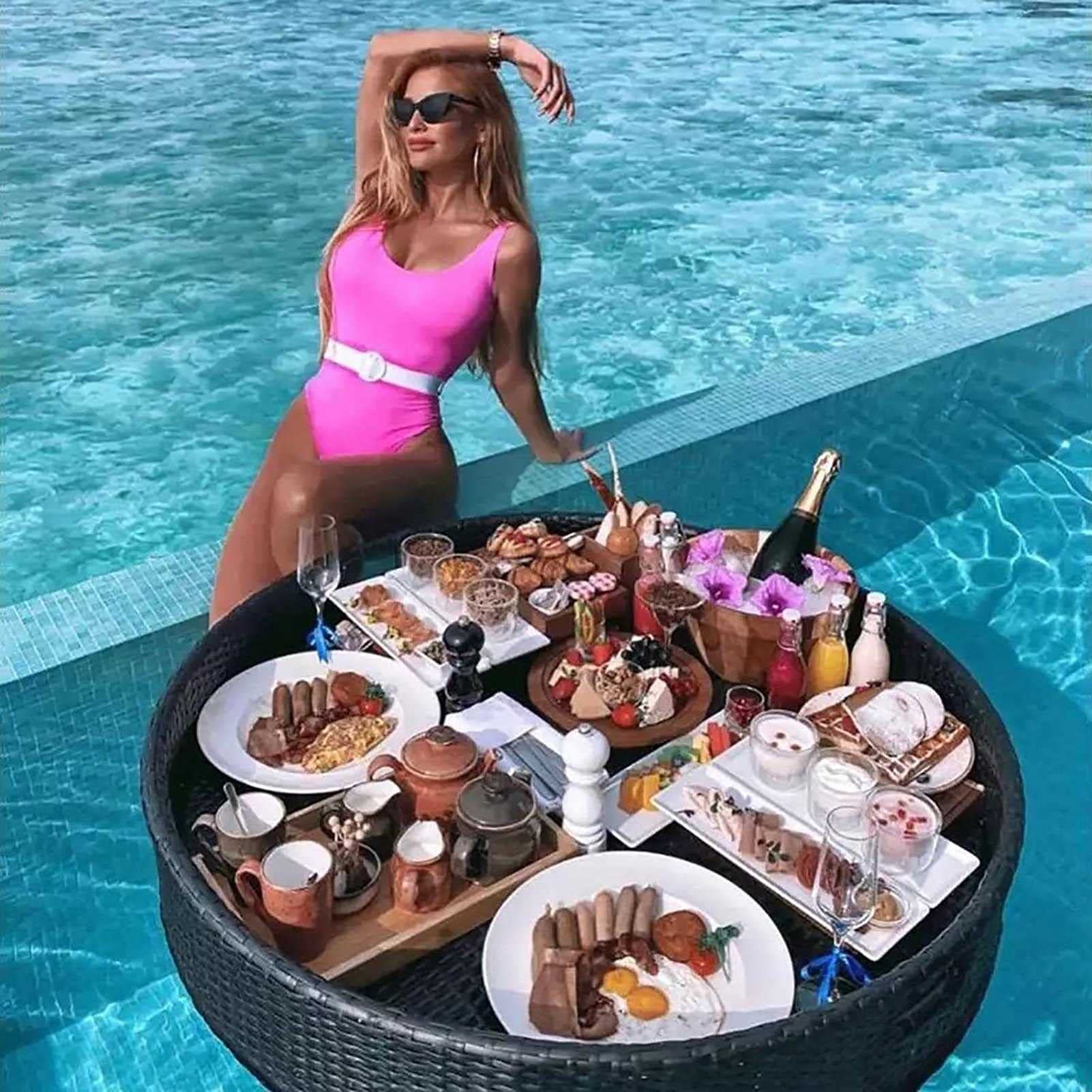 Swimming pool floating bar, Rattan Floating Breakfast Tray Luxury Floating Serving Tray Table and Swimming Pool Floats(White,60CM)