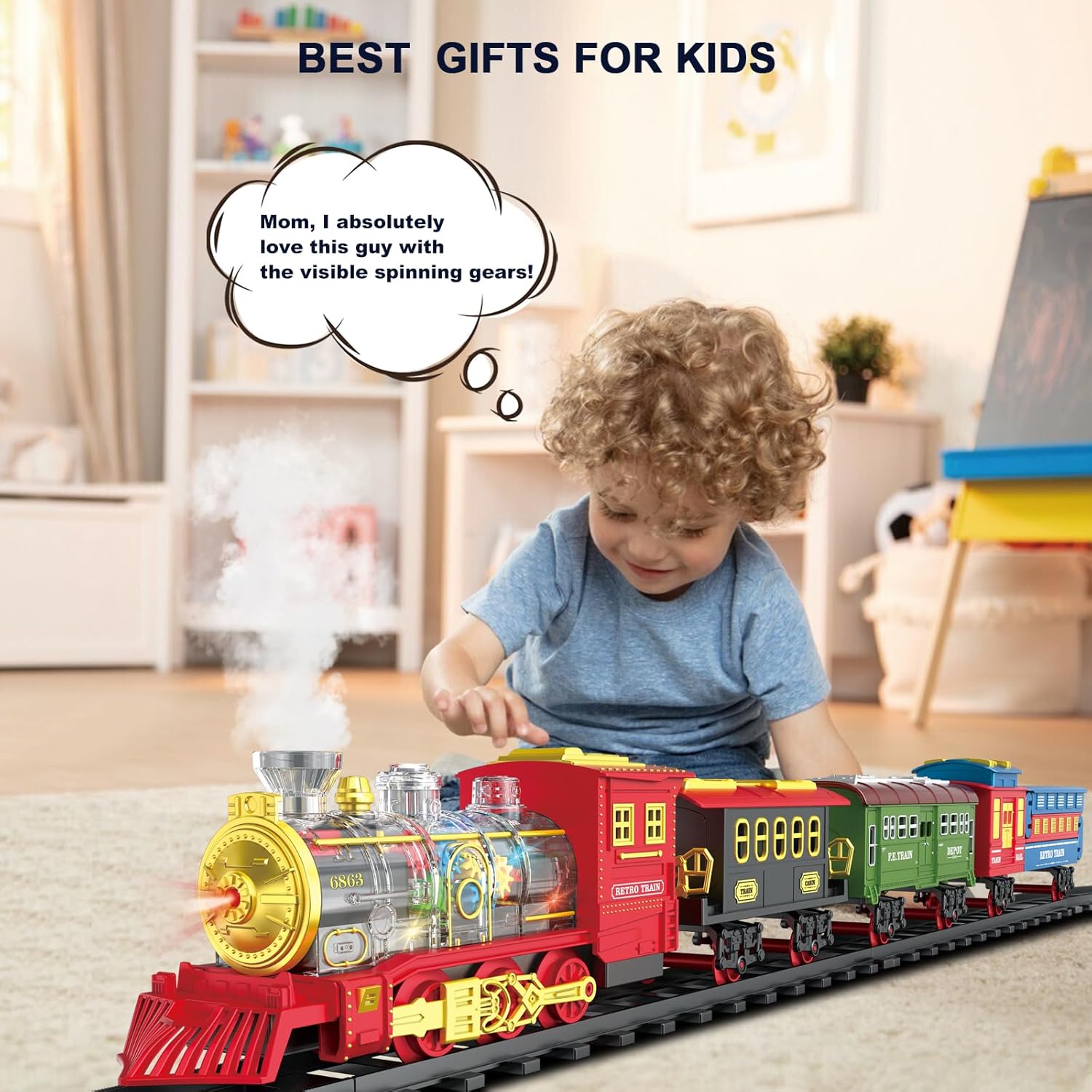 Electric Train Set Christmas Train Toys for Boys with Smokes, Lights and Sound (ON/Off) Rechargeable Train Set Under Christmas Tree, Toddler Model Trains for 3 4 5 6 7 8+ Years Old Kids Gifts