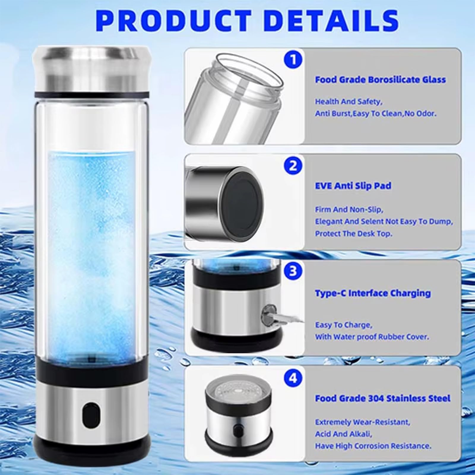 Bouteille D'eau Génératrice D'hydrogène, Bouteille D'eau Hydrogène Portable, Tasse D'eau en Verre, Cadeau pour Amis Maman Père Grandpère Grandmère(1200PB)