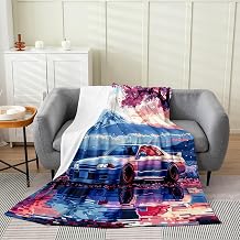 Race Car Kids Flannel Blanket,Sakura Cherry Blossom Japan Ukiyo-e Romantic Bed Blanket for Girls Women,Extreme Speed Sports Games Fleece Blanket,Blue Fuzzy Blanket,Throw Size (50 x 60 Inches)