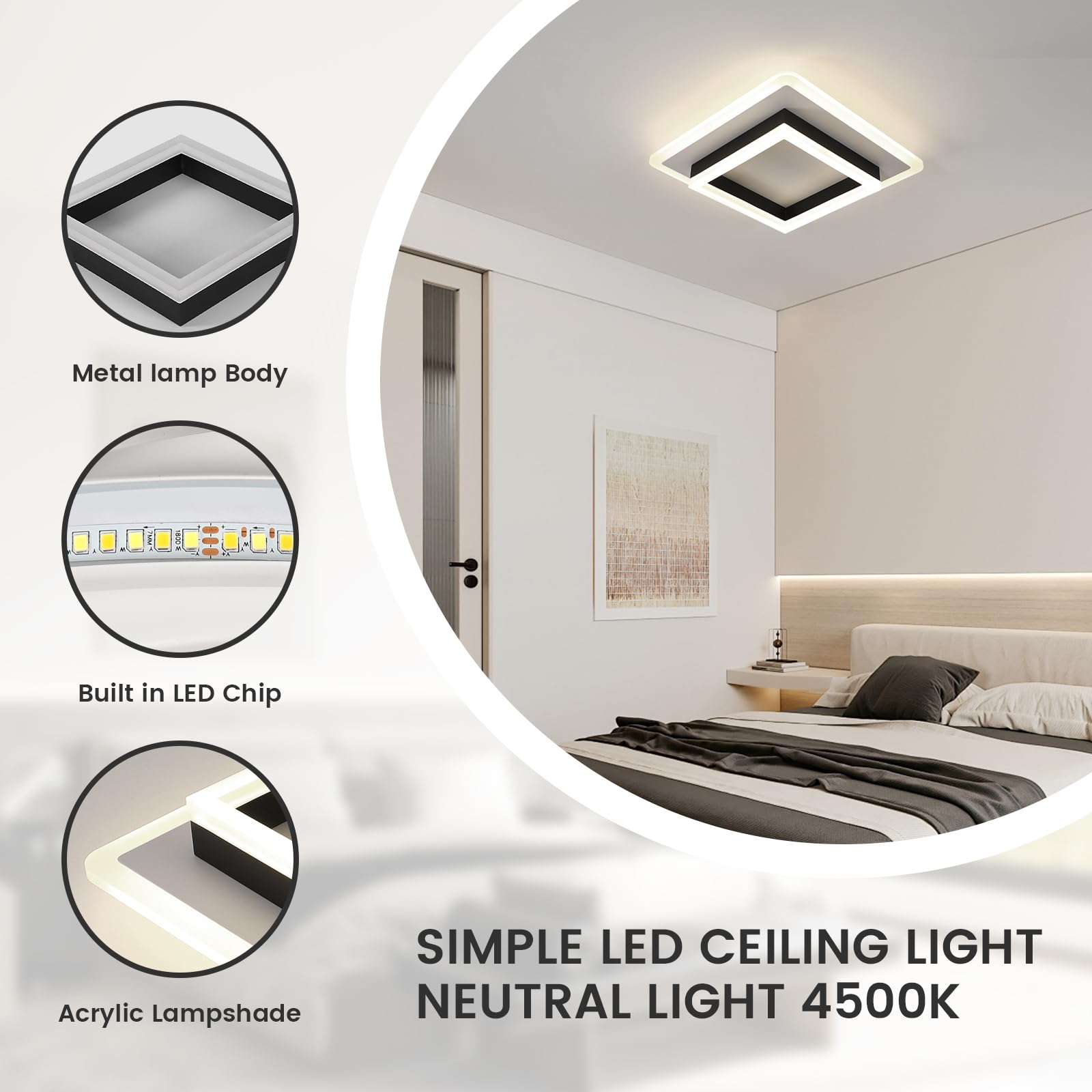 DELIPOP Plafonnier LED, 30W Lampe de Plafond Carré en Acrylique, Luminaire Plafonnier LED Moderne pour Chambre à Coucher, Salon, Couloir, Salle D'étude, 4500K Lumière Neutre