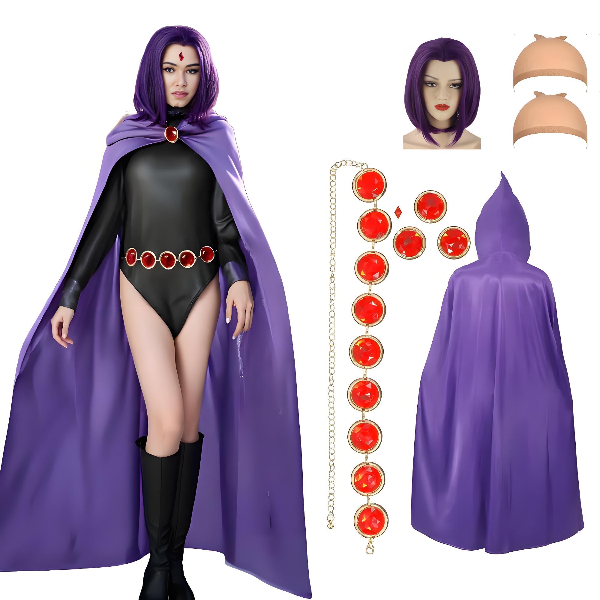 5PCS Raven Titans Costume Women, Purple Cloak Witches Cape with Red Gem Belt Wig, Anime Cosplay Halloween Carnival Costume (62 inch)