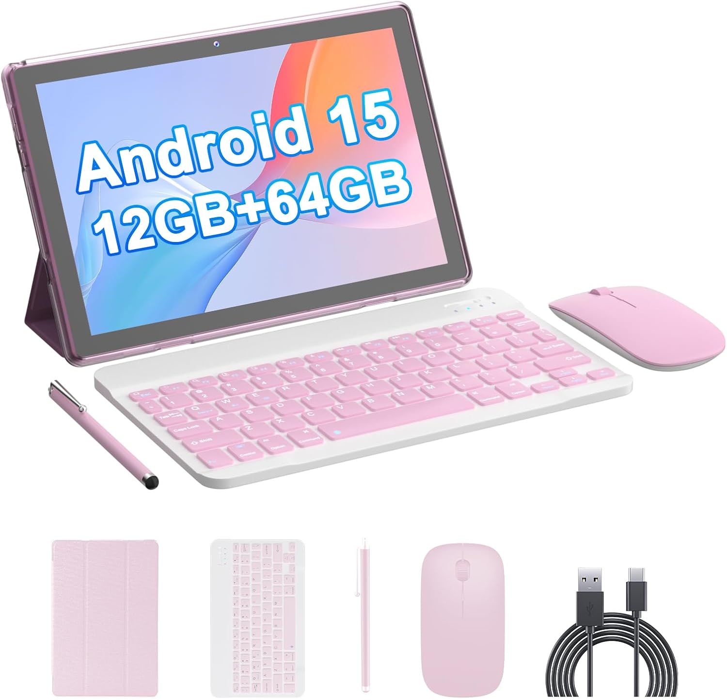 Tablet 10-inch Android 15, RAM 12GB(4+8Expand) +ROM 64GB, 2+8MP Dual Camera, 6000mAh Battery, (Tablet+case+Stylus+beyboard+Mouse), Pink