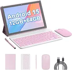 Tablet Android 15 de 10 polegadas, 12 (4 + 8 expansão) GB de RAM + 64 GB de ROM, câmera dupla de 2 + 8 MP, bateria de 6000 mAh (tablet + estojo + caneta stylus + beyboard + mouse) (rosa)