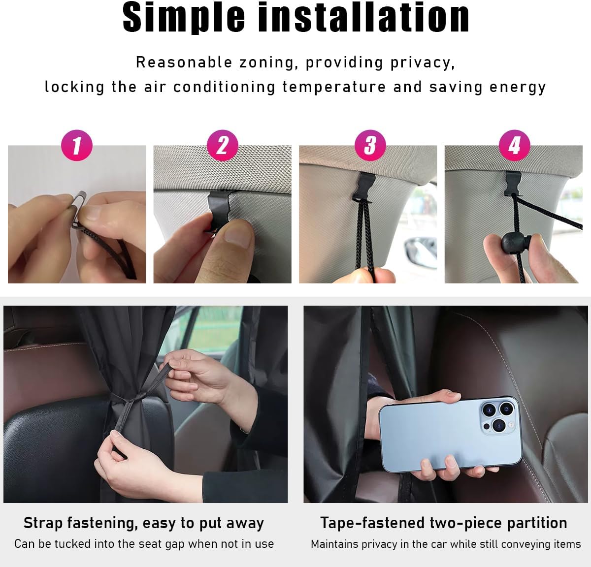 Ohleats 3PCS Car Window Shades, Auto Privacy Divider Curtain with 2 Rear Side Window Shade, Removable Vehicle Sunshade Blocker for Light, Heat, UV Rays, Universal Car Accessories