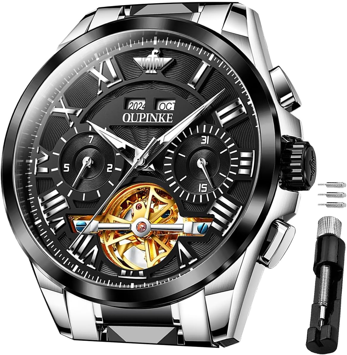 OUPINKE Mens Automatic Watches Mechanical Skeleton Luxury Dress Watch for Man Tungsten Steel Waterproof Luminous Calendar Wristwatch