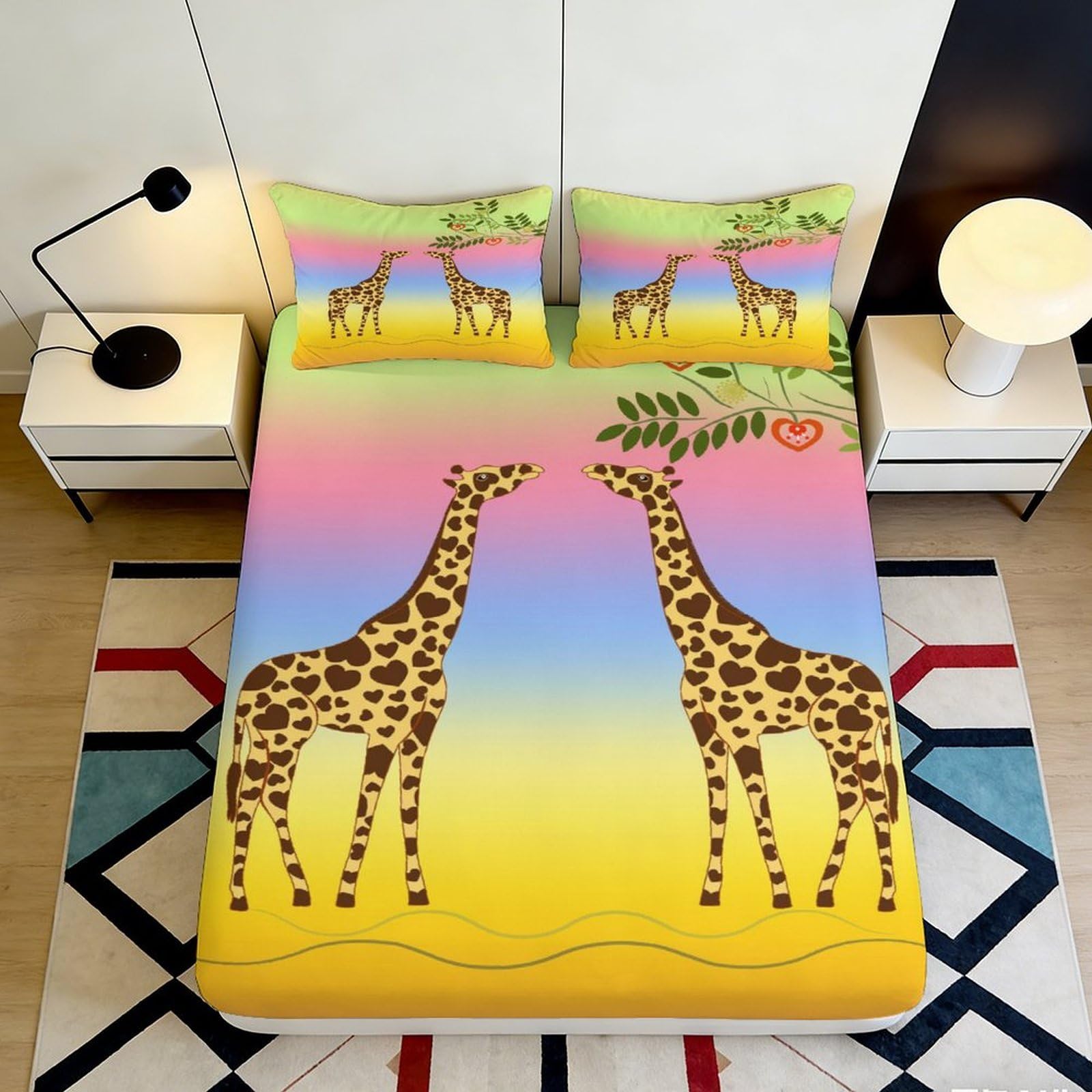 3D Printed Giraffe Fitted Sheet Microfiber Deep Pocket Non-Slip Giraffe Mattress Fitted Cover for Bedroom Adults 90x200x25cm