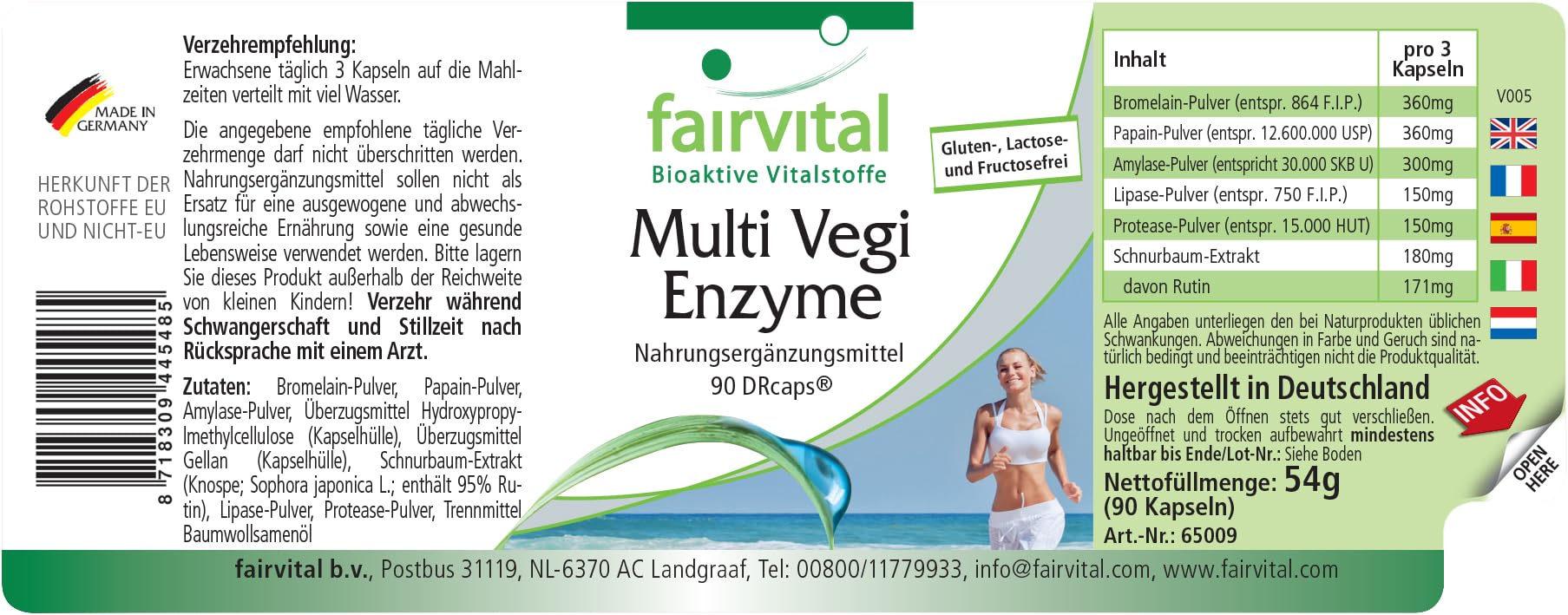 fairvital Multi Vegi Enzyme, 90 Kapseln, 100% pflanzlicher Enzymkomplex mit Bromelain + Papain + Amylase + Lipase + Lipase + Protease + Rutin, für eine zeitverzögerte Freisetzung