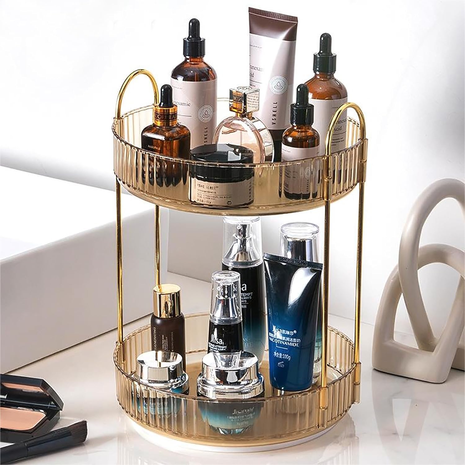 Rotating Makeup Organizer Countertop 2 Tier Lazy Susan Trays Clear Skincare Perfume Storage for Bathroom Counter Vanity, Amber Gold 2 Tier Amber