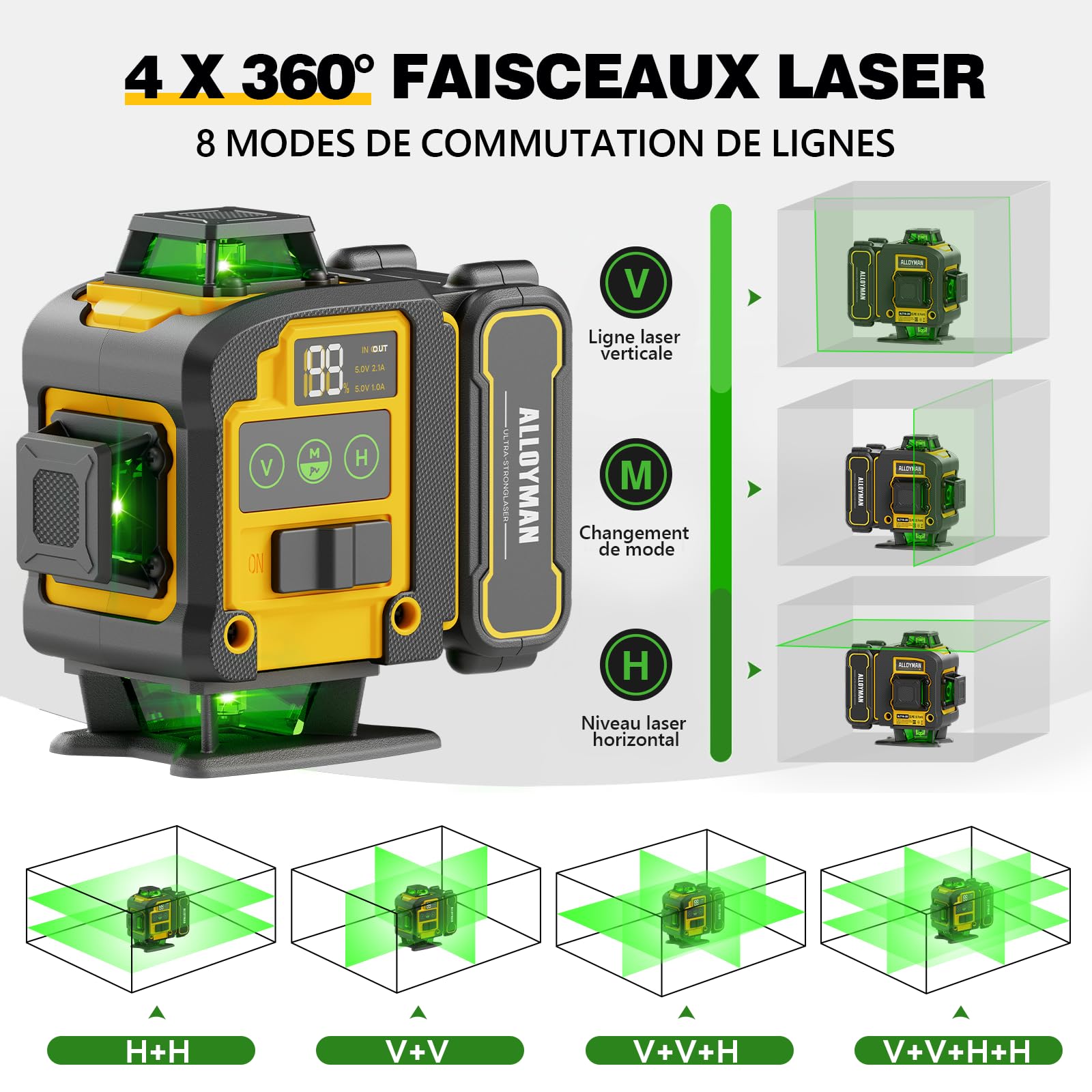 Alloyman Niveau Chantier Laser Autonivelant avec Trépied 4 × 360°, Laser Niveaux 4D 16 Lignes Lazer, Mode Impulsion Extérieur, 2 x Batteries, Nivellement Automatique, Support Rotatif, Télécommande