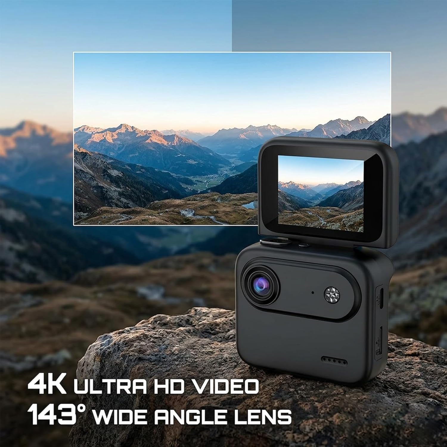 Multi-Functional Flip Screen Action Camera, 4K 360° Panorama with Image Stabilization, Universal 1/4" Multi-Functional Flip Screen, for Vlogging Cycling, Skydiving (White,32G)