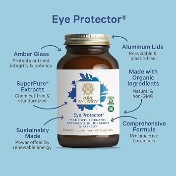 PURE SYNERGY Eye Protector | 100% Natural, Vegan Eye Health Supplement | with Organic Astaxanthin, Lutein, Zeaxanthin | for Healthy Vision (60 Capsules)