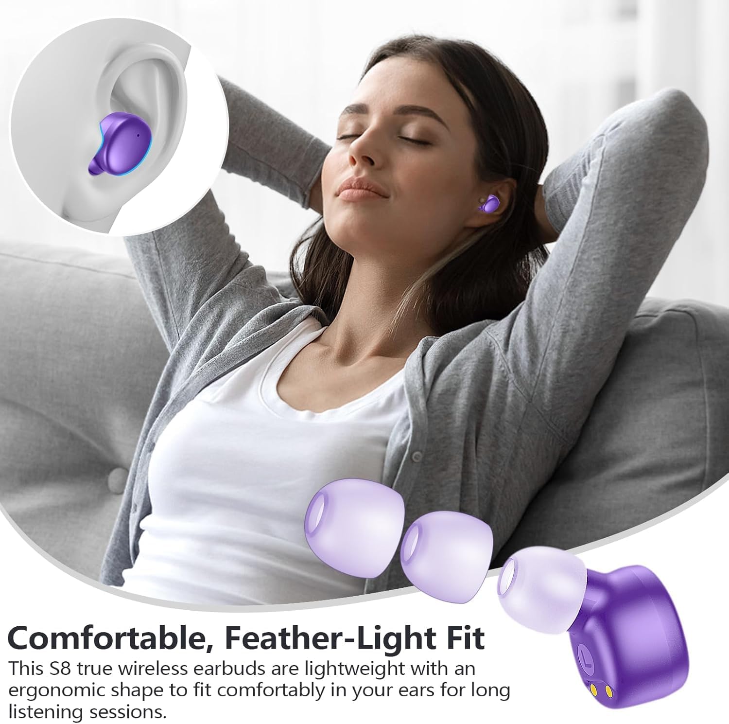 MOZOTER S8 Mini Wireless Earbuds Bluetooth 5.3 in Ear Light-Weight Headphones,60Hrs Playtime Ear Buds with Charging Case,Bluetooth Headsets,Premium Sound with Deep Bass for Sport-Purple - Image 4