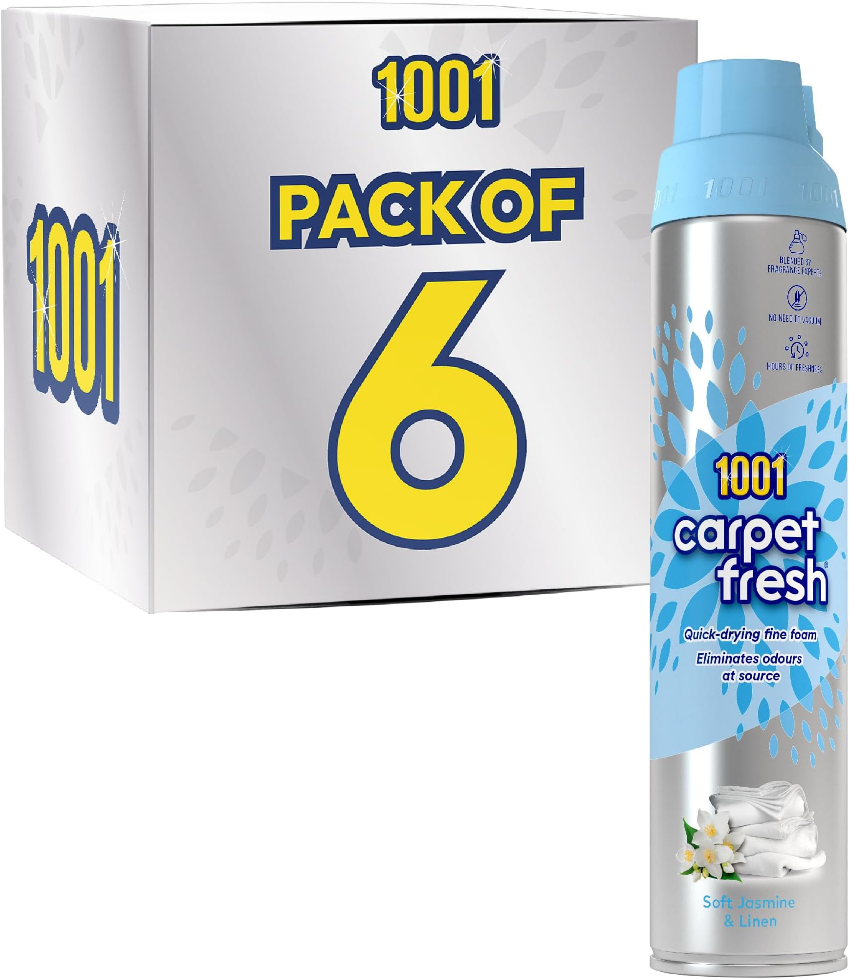 Carpet Fresh Spray Soft Jasmine & Fresh Linen Fragrance, Hours Of Freshness, For Use On Carpets, Rugs & Upholstery, Pack of 6x 300ml Can