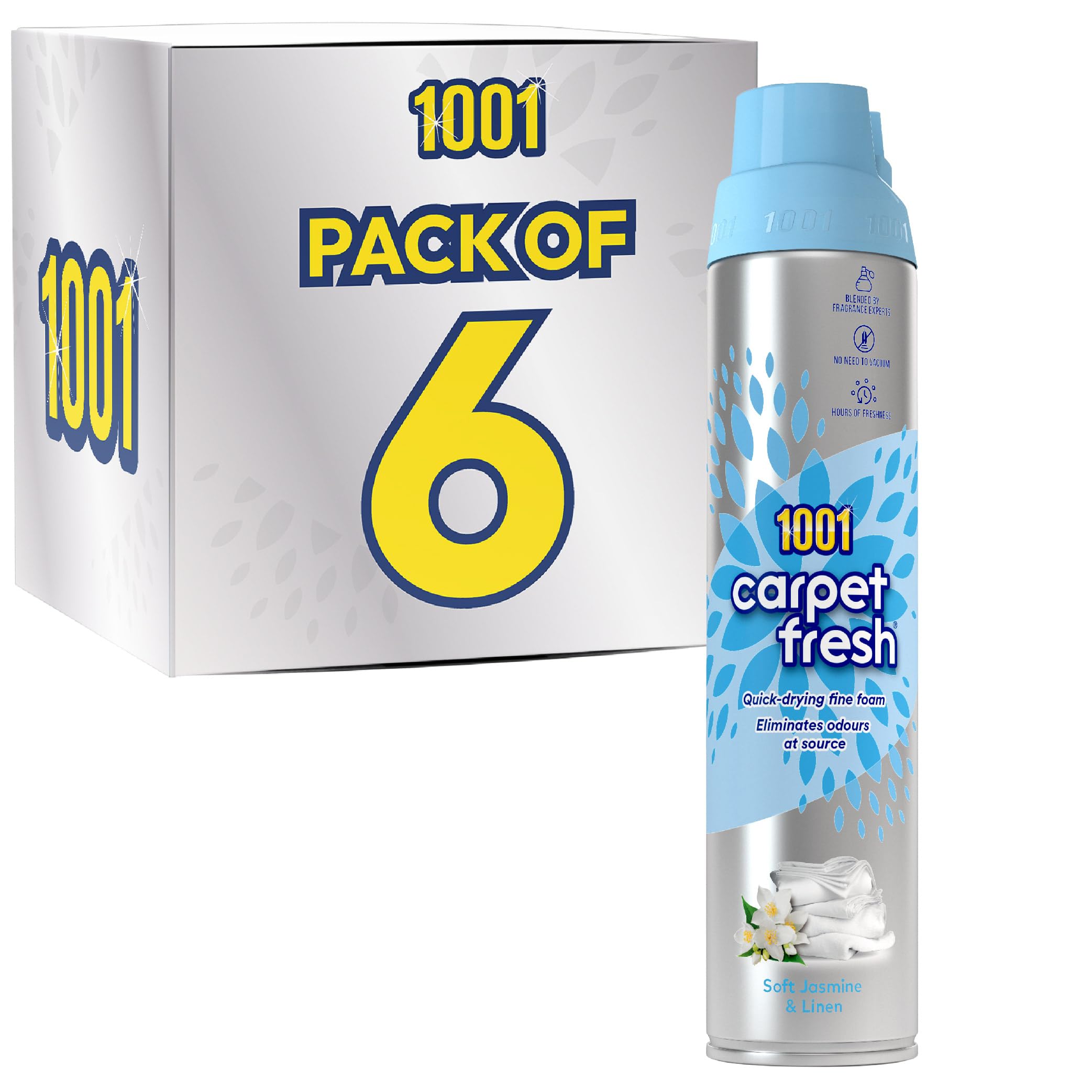 1001 Carpet Fresh Spray Soft Jasmine & Fresh Linen Fragrance, Hours Of Freshness, For Use On Carpets, Rugs & Upholstery, Pack of 6x 300ml Can