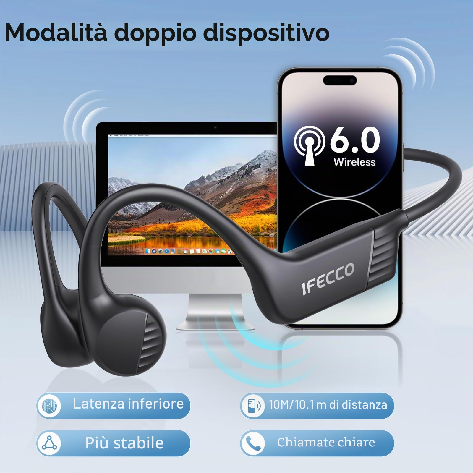 IFECCO Cuffie Conduzione Ossea Wireless 6.0 – IPX67 Impermeabili Auricolari a Conduzione Ossea con Microfono, Cuffie Sportive Senza Fili per Ciclismo, Corsa e Allenamento