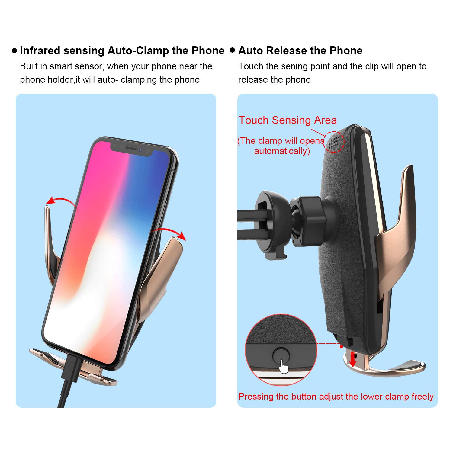 Chargeur sans Fil Voiture 2 en 1 Qi 10W/7.5W/5W Serrage par Induction Automatique Tableau de Bord/Trou d'Aération Porte-téléphone, Compatible avec iPhone 8/8P/X Samsung Galaxy S9+/S8+