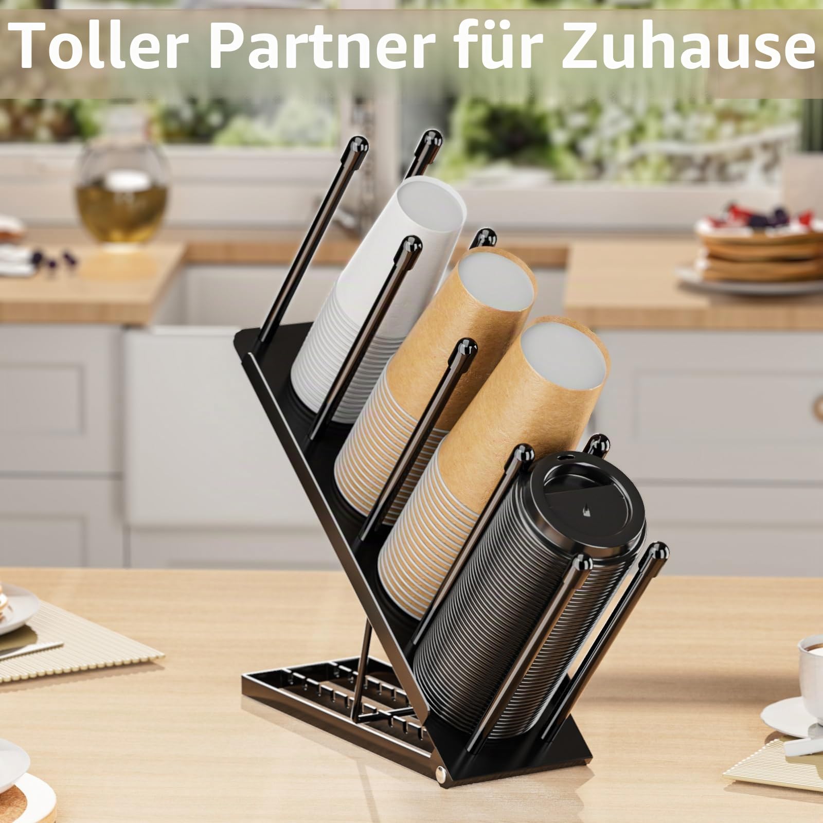 JANE EYRE Verstellbarer Getränkehalter und Deckelhalter – Organizer für Kaffeegläser mit Spender für Einwegbecher mit 4 Fächern, Korb für Strohhalme und Pads für Kaffeestation, aus Metall, Schwarz