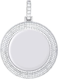 14K White Gold Look 925 Sterling Silver Round Moissanite Memory Picture Frame Charm Pendant, Unisex Fine Jewelry