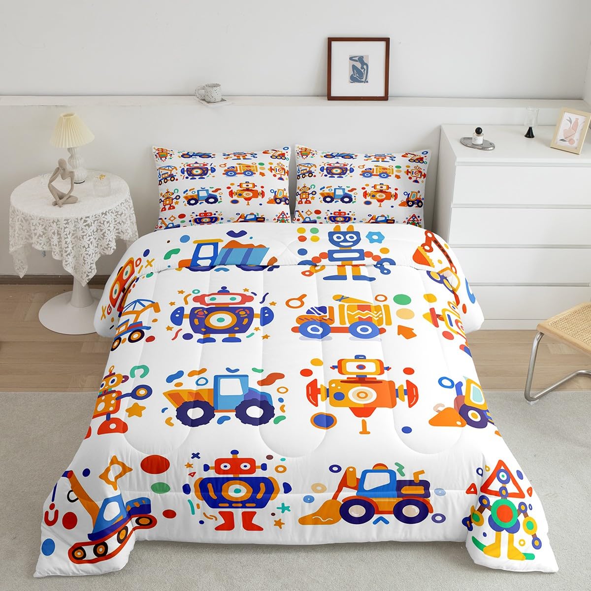 Feelyou Cute Robots Bedding Set Kids Boys Girls Truck Tractor Excavator Comforter Set Toddler Size Watercolor Machine Equipment Duvet Insert Colorful Kawaii Room Decor,Blue Yellow