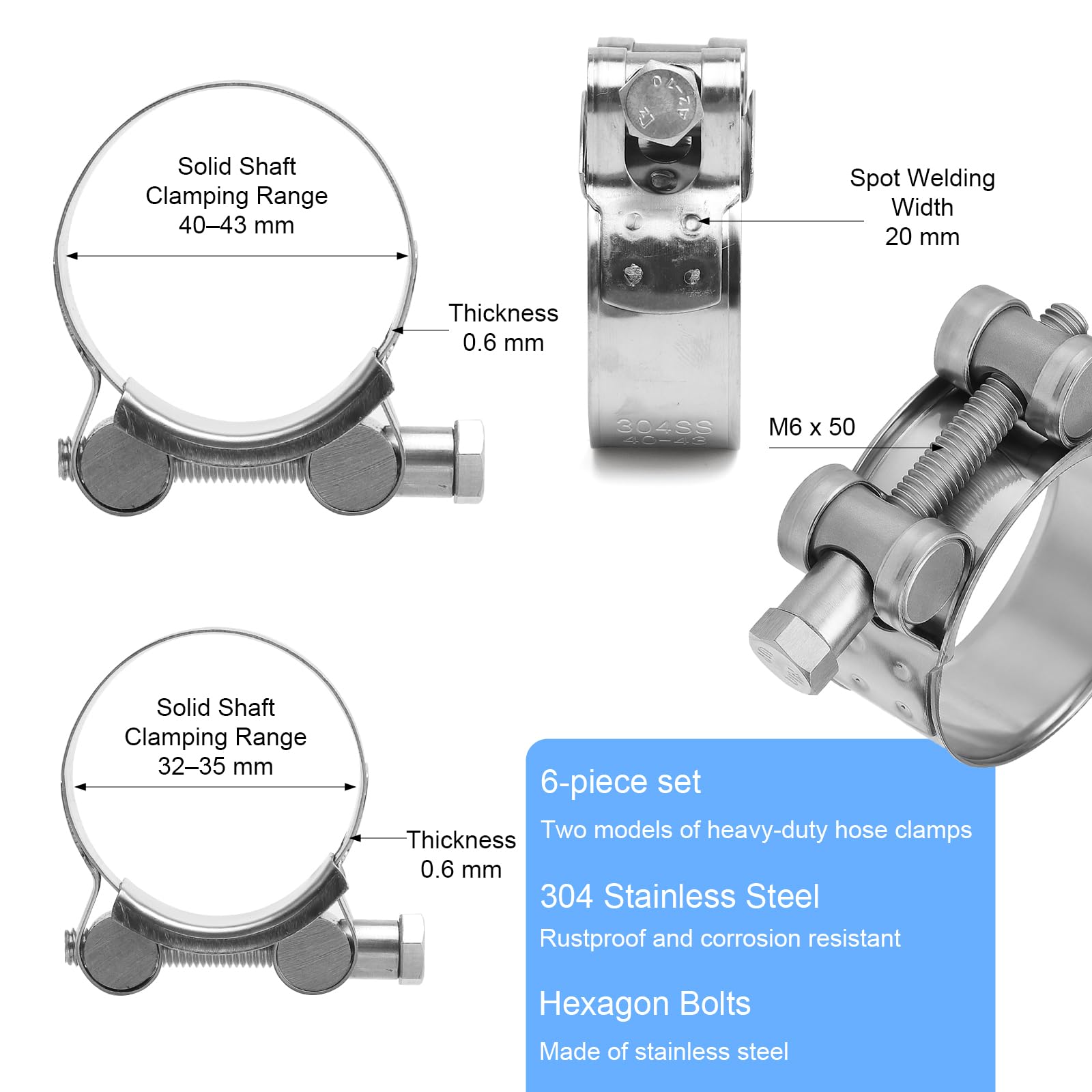 APOMOONS Zestaw 6 przegubowy ze stali nierdzewnej, 4 sztuki obejmy śrubowe 40-43 mm, 2 sztuki obejmy do węża 32-35 mm, szerokość
