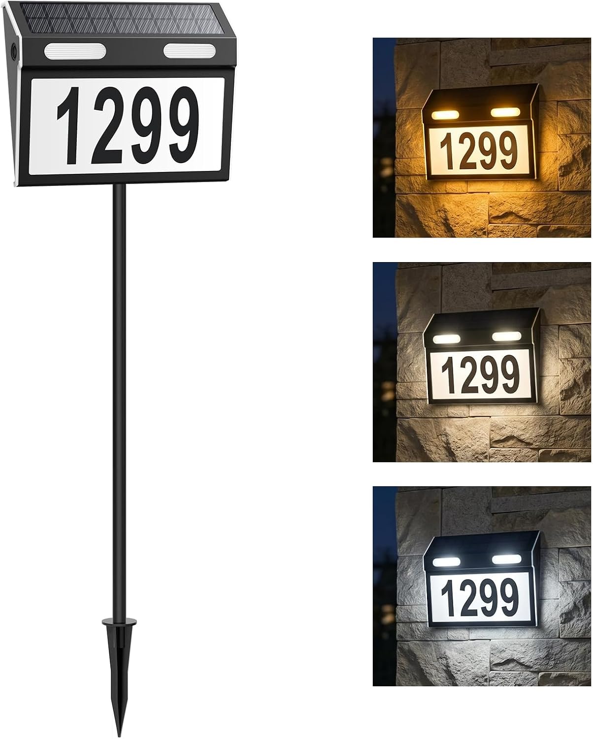 Brightown Solar House Number for Outside Address Signs - 3 Colors Waterproof Wall Mounted/In-Ground - Solar Powered Address Plaque for Yard Garden Home (Black)