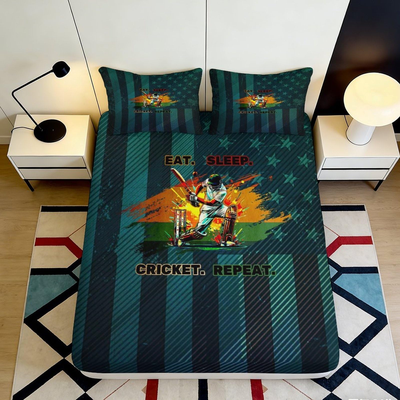 3D Printed Cricket Player Fitted Sheet Microfiber Durable Striped Bed Cover for Bedroom Dormitory Guest Room Mattress Protection Easy Care 180x200x25cm