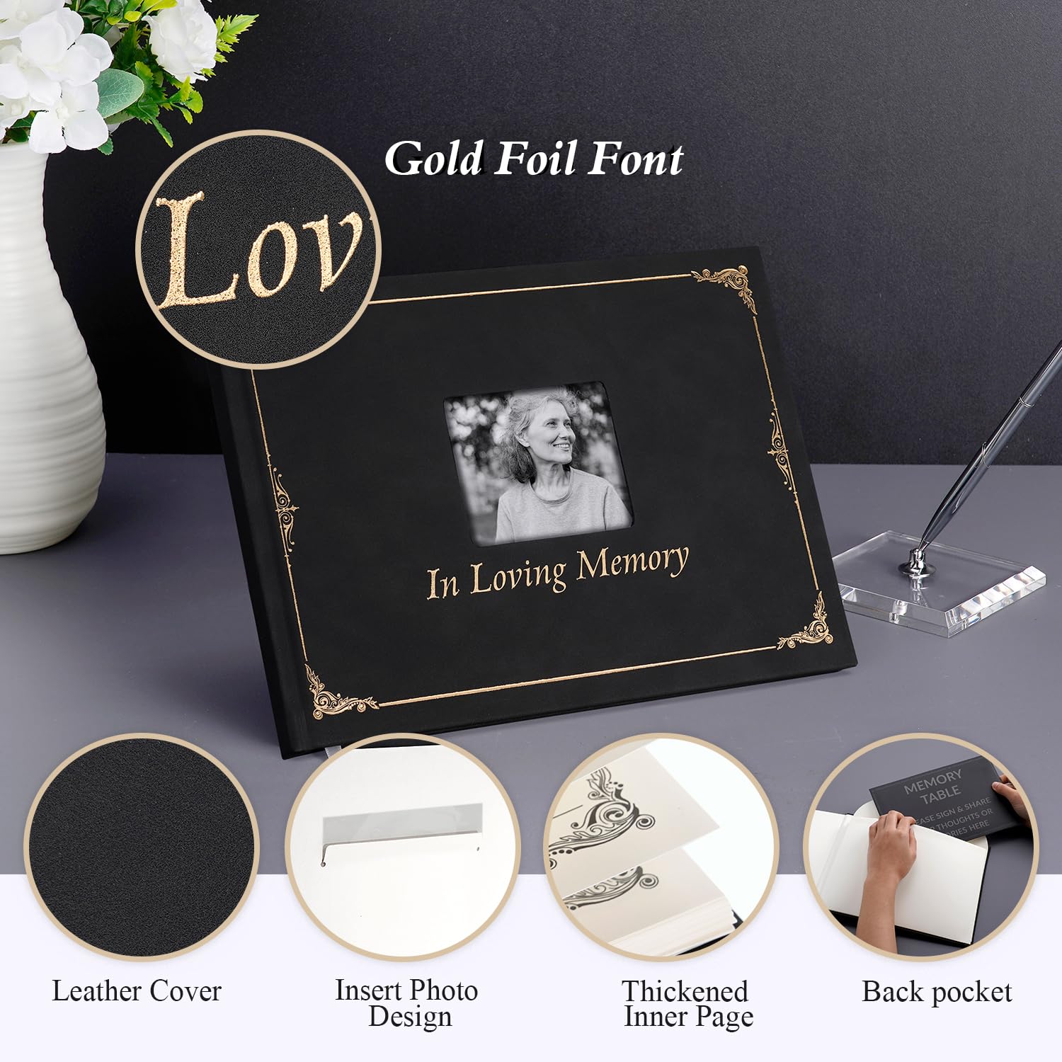 Funeral Memory Book, Leather Hardcover Funeral Guest Book with Gold Engraving, Memorial Guest Book - Image 4