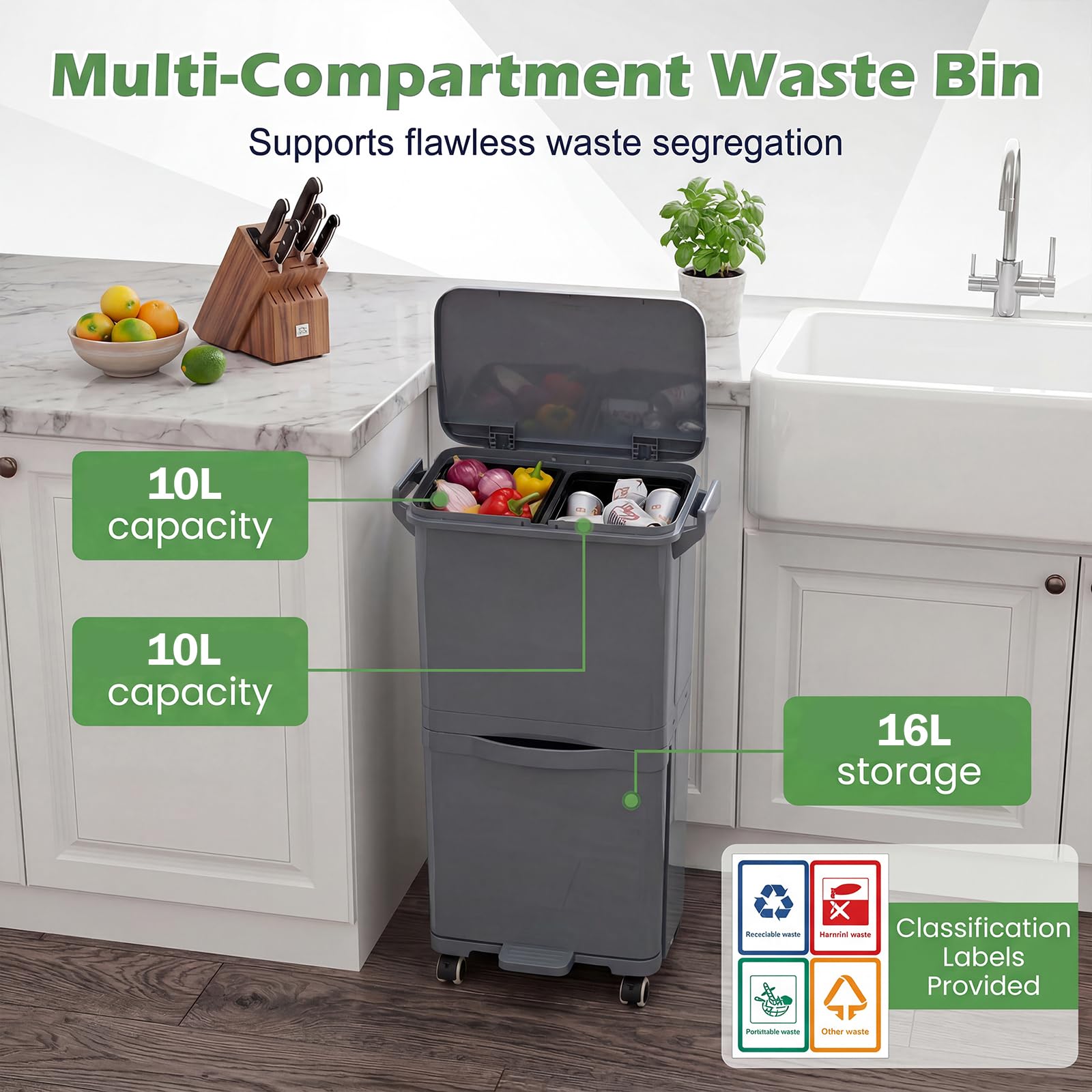 LIFEZEAL Poubelle de Cuisine 36L, Poubelle de Tri Sélectif 2 Niveaux, Pédale, Bac Inclinable, Plastique, Gris