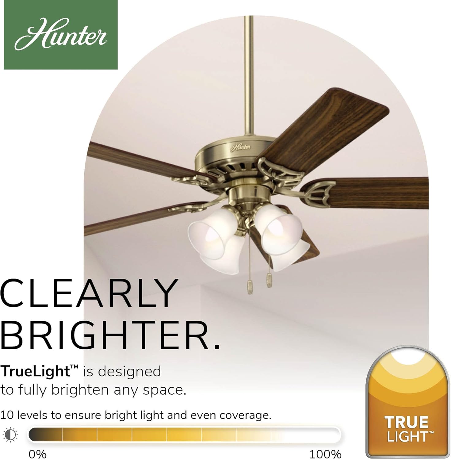 Hunter 52 inch Indoor Ceiling Fan with LED Lights and Pull Chain - Brass Ceiling Fan, Standard Mount, 5 Blades, For Bedroom, Living Room, or Kitchen, Quiet - Studio Series 53063, Antique Brass