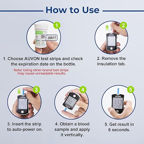 Miniatura 7 de AUVON Kit de monitor de glucosa en sangre, kit de prueba de azúcar en sangre de alta precisión con 50 tiras de glucómetro, 50 lancetas de 1.06 oz, 1