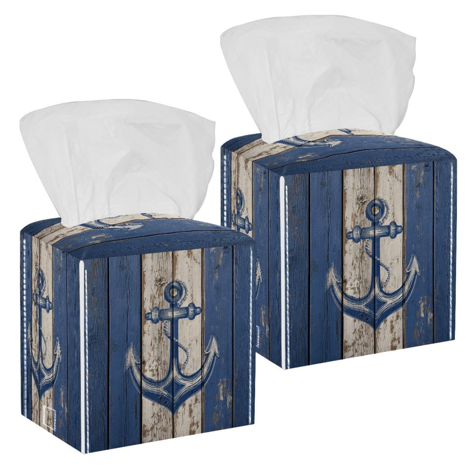 Anchor Tissue Box Cover, 2 Pack PU Leather Square Facial Tissue Dispenser Box holder for Home Office Car