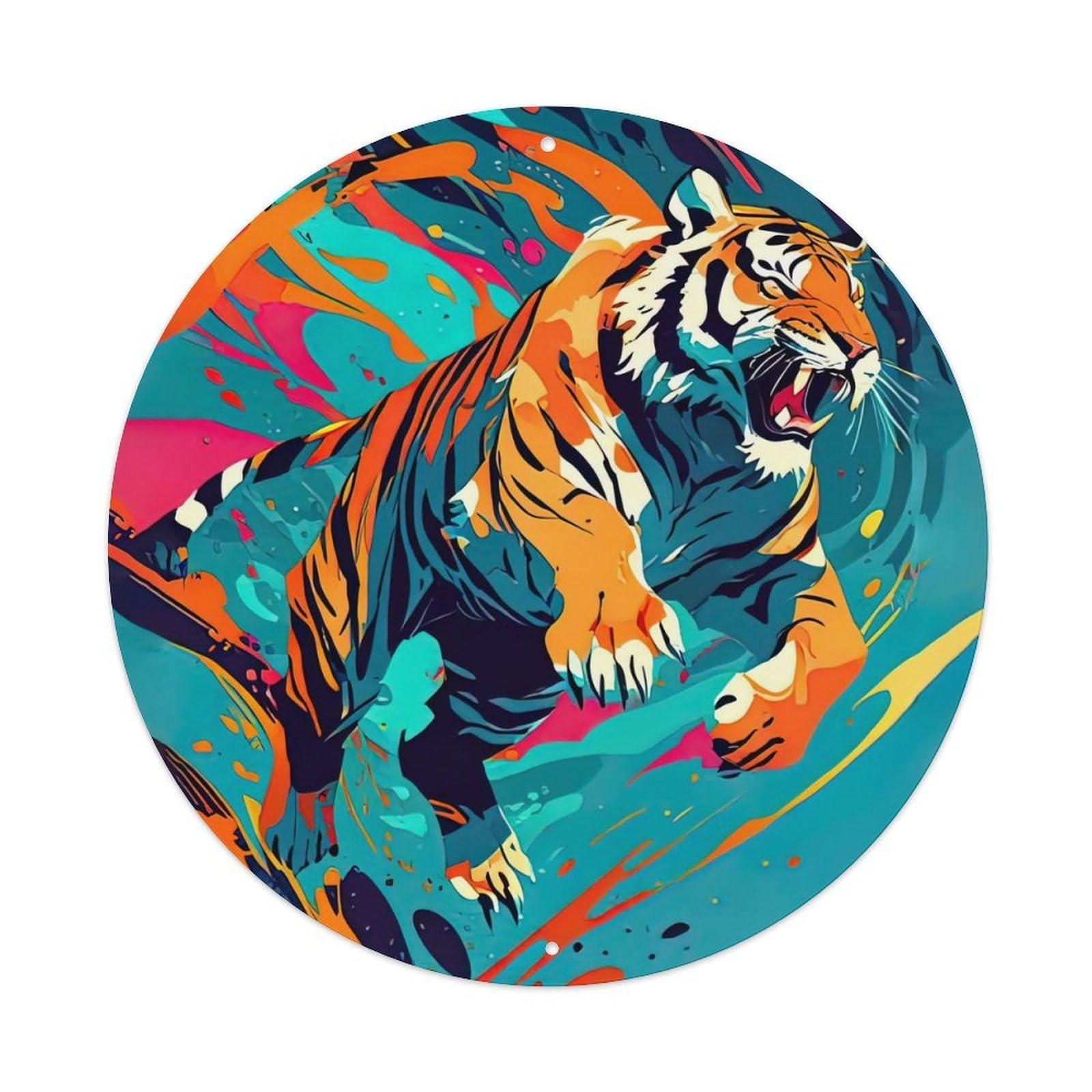 Cwbufd Vintage Style Animal Tiger Attacking Dynamic Graffiti Bold High Contrast Colors Vintage Metal Tin Sign Plaque Wall Decor For Cafe, Club Bar, Office, Garden Metal Poster 8X8inch