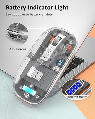 Miniatura 6 de Uiosmuph Ratón inalámbrico Bluetooth Tri-Mode (Dual BT5.1+2.4GHz) USB C recargable para computadora, mouse silencioso totalmente transparente con
