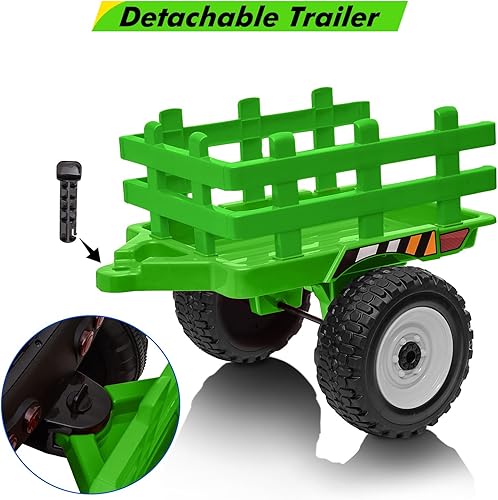 Miniatura 28 de Tractor de paseo para niños de 12 V con remolque y control remoto, auto eléctrico alimentado por batería para niños pequeños, arranque lento, 7 LED