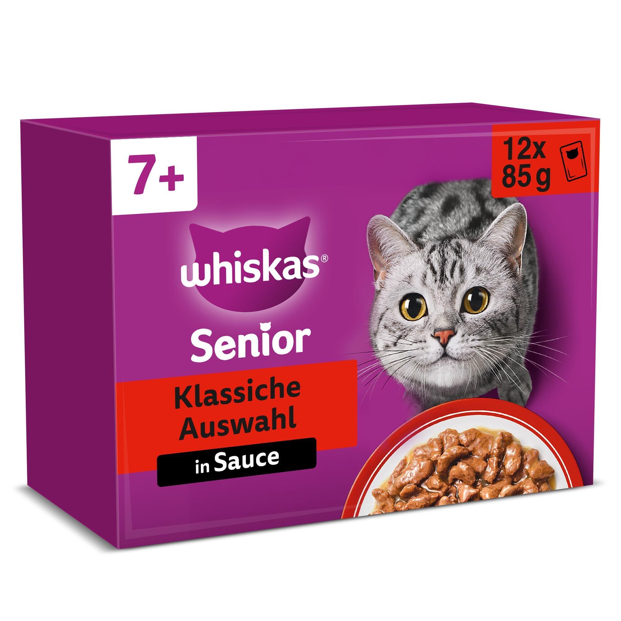 Whiskas 7+ Katzenfutter Klassische Auswahl in Sauce, 12x85g (4 Packungen) – Hochwertiges Nassfutter ab dem 7. Lebensjahr in 48 Portionsbeuteln