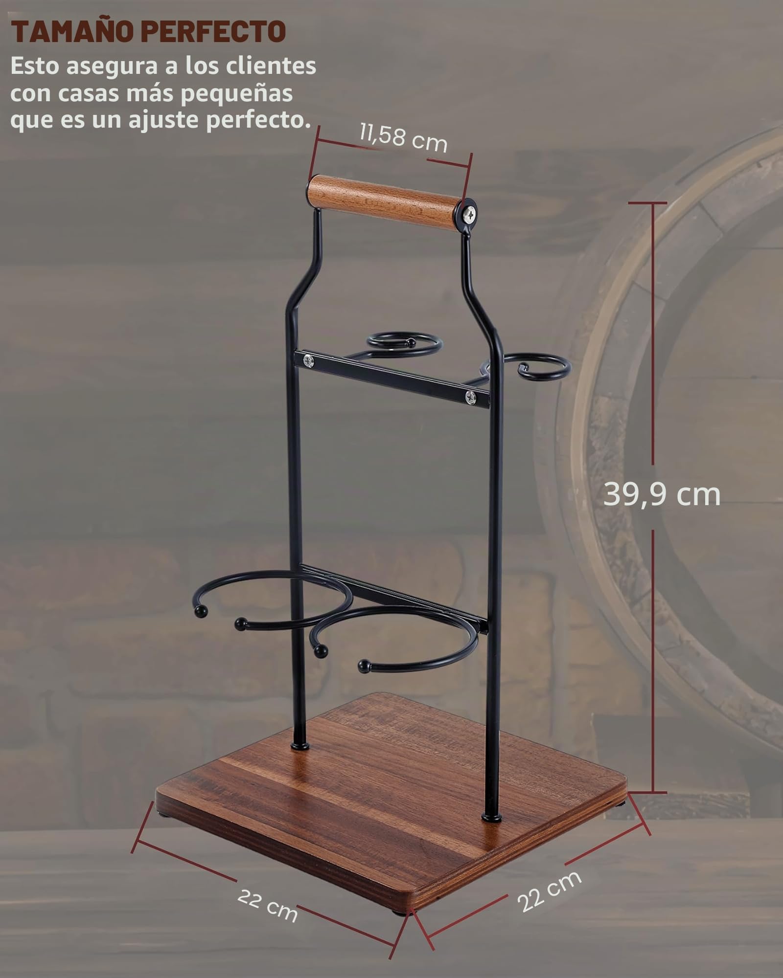 Estante de vino de encimera con asa, organizador de vino independiente con capacidad para 2 botellas y 2 copas de tallo, soporte portátil para botellas de vino y vidrio con base de madera para bar