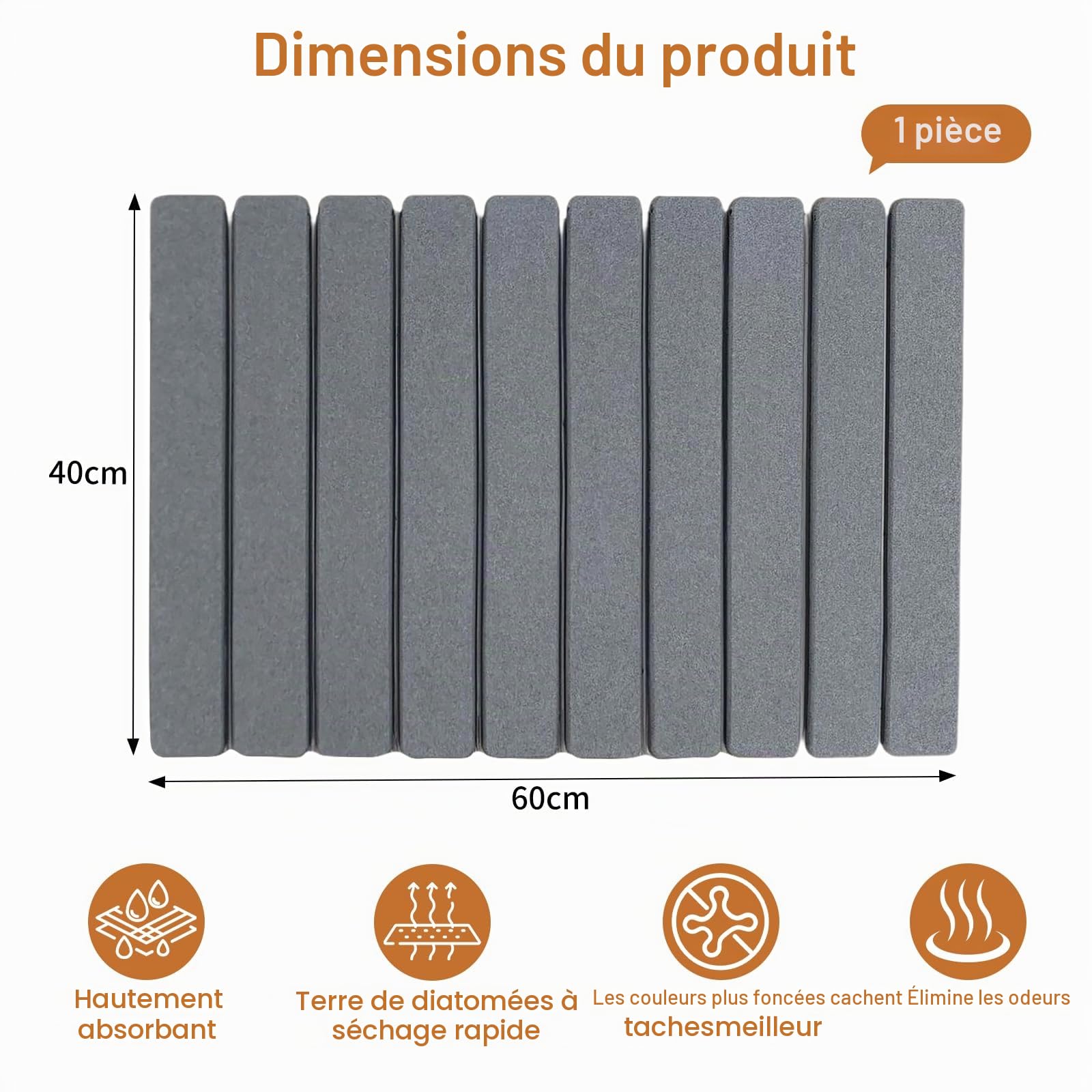Tapis d'égouttoir à vaisselle absorbant l'eau de cuisine 60 x 40 cm - Résistant à la chaleur - Séchage rapide pour cuisine (60 x 40 cm)