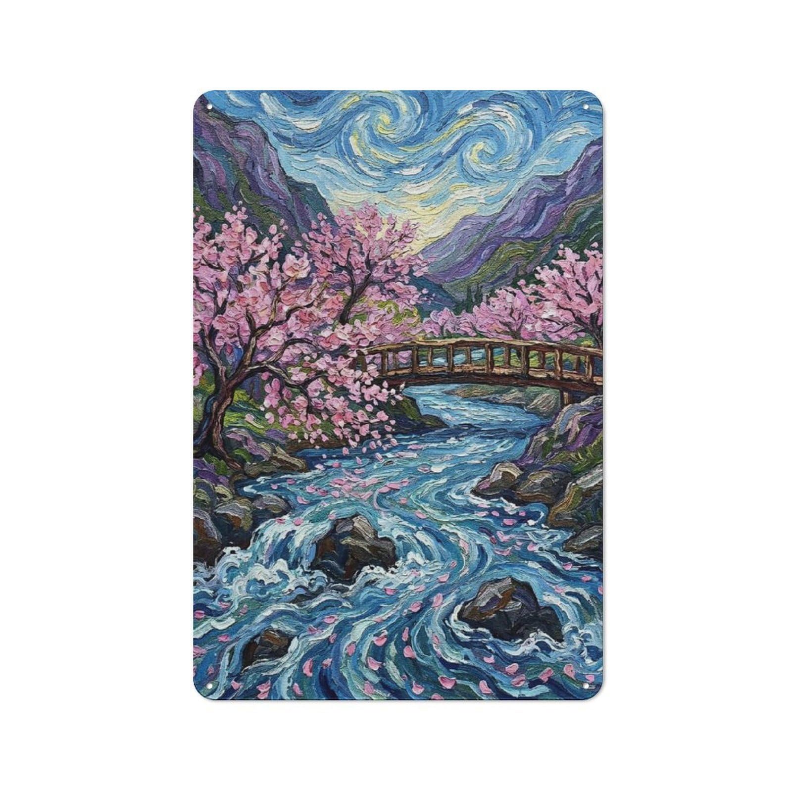 Junmoney Style Metal Wall Plaque With Cherry Blossoms Over River Painting Design 30X20cm, Simple Retro Studio Wall Plaque For Hobby Room, Office, Lounge Or Living Room