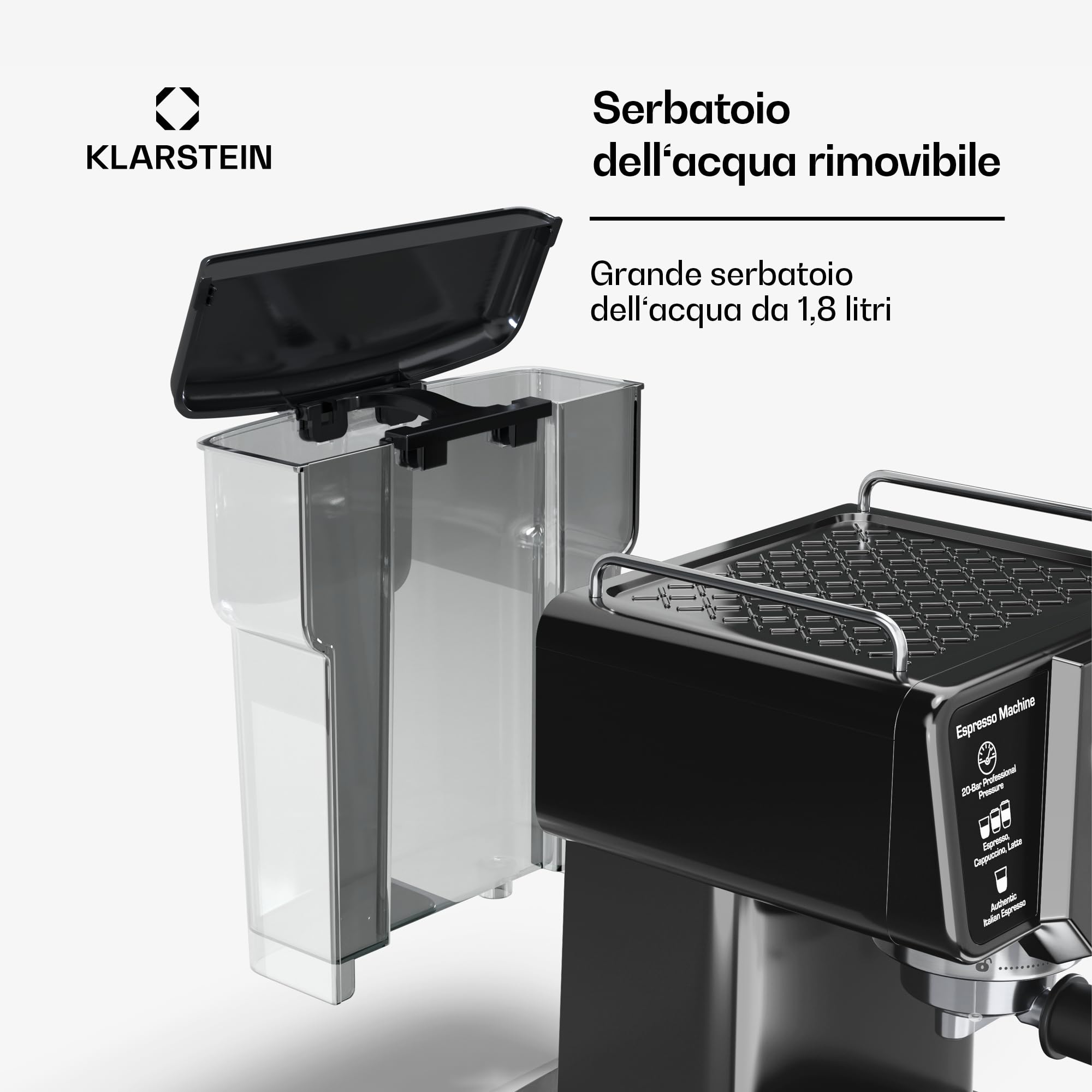 Klarstein Libeica - Macchina per Caffè Espresso, 19 Bar, 1350W, Acciaio Inox, Serbatoio da 1,8L, Ugello del Vapore, Touch Control, Per Caffè & Espresso in Polvere, Design Elegante