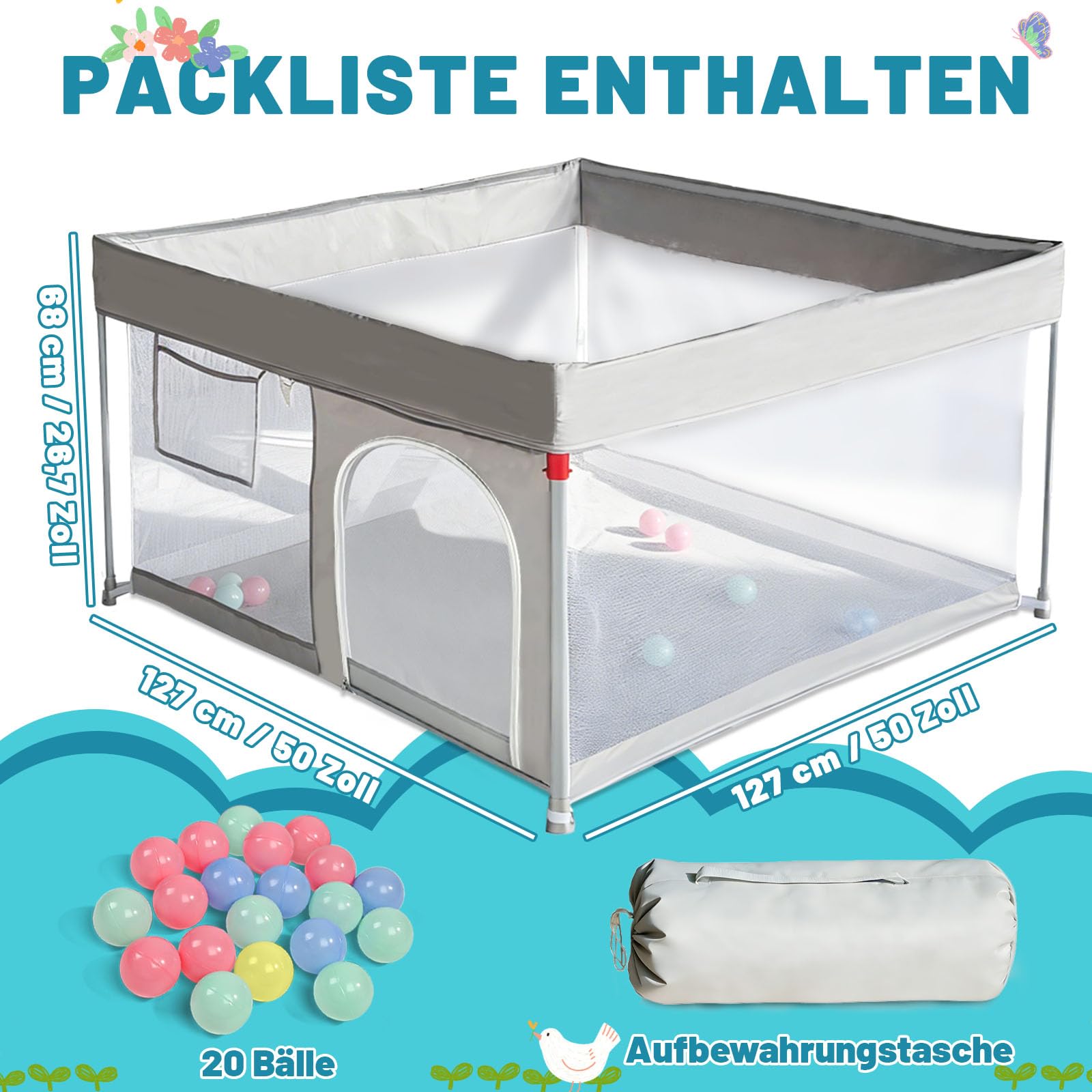 Parc pour bébé pliable avec tapis, 127 x 127 cm | Pare-bébé avec filet respirant et sac de transport, clôture pour enfants pour l'intérieur et l'extérieur