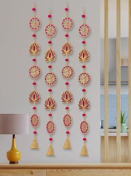 ZIG ZAG Pack of 4 Handmade Lotus Wall & Door Hangings with Bell , Ideal for Home, Diwali, Pooja, Wedding & Festival Decor 36 Inches, Pink