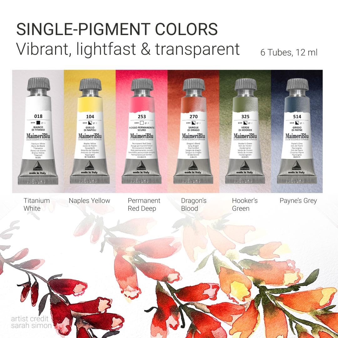 Maimeri MaimeriBlu - Set di pittura ad acquerello The Mint Gardener Sarah Simon, 12 ml, 6 pezzi, colori assortiti