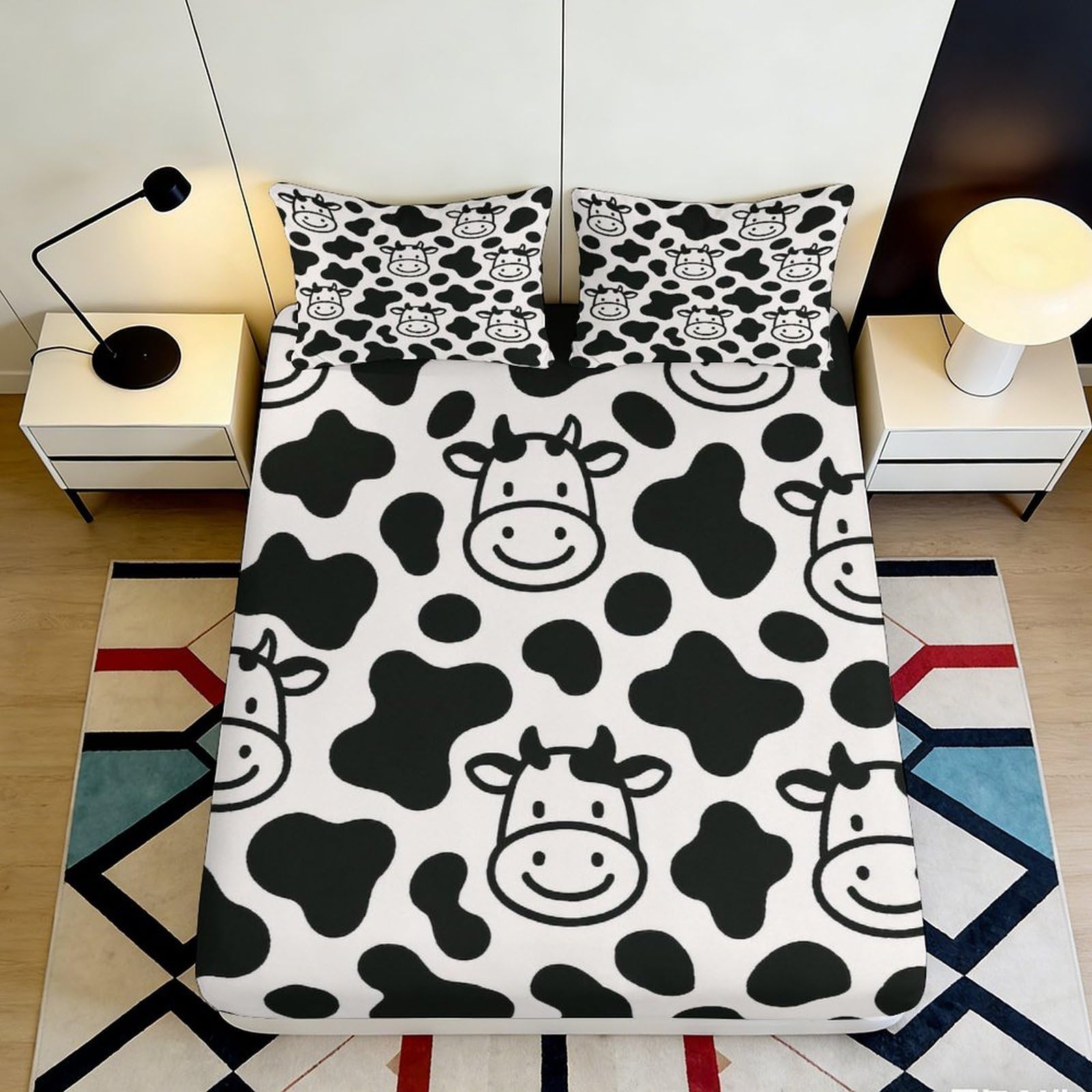 3D Printed Cartoon Cow Fitted Sheet Microfiber Soft Black White Animal Spots Mattress Cover for Bedroom Dorm Room Decor 90x200x25cm