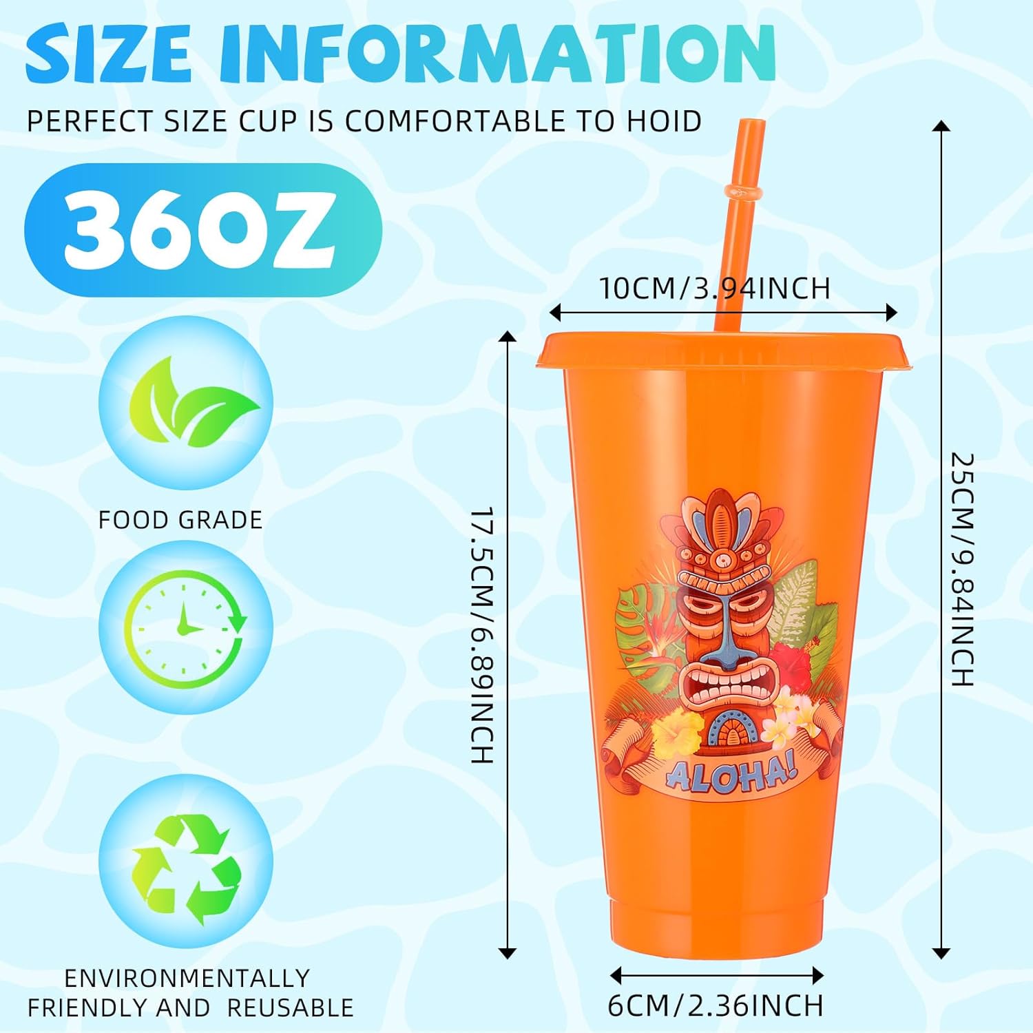36 Pcs Plastic Tiki Cups 24 oz Hawaiian Tumbler with Lid and Straw Bulk Tiki Reusable Plastic Mug Cups Mai Tai Glasses Luau Water Bottle for Cocktails Party Drinking Coffee Travel Supplies - Image 3