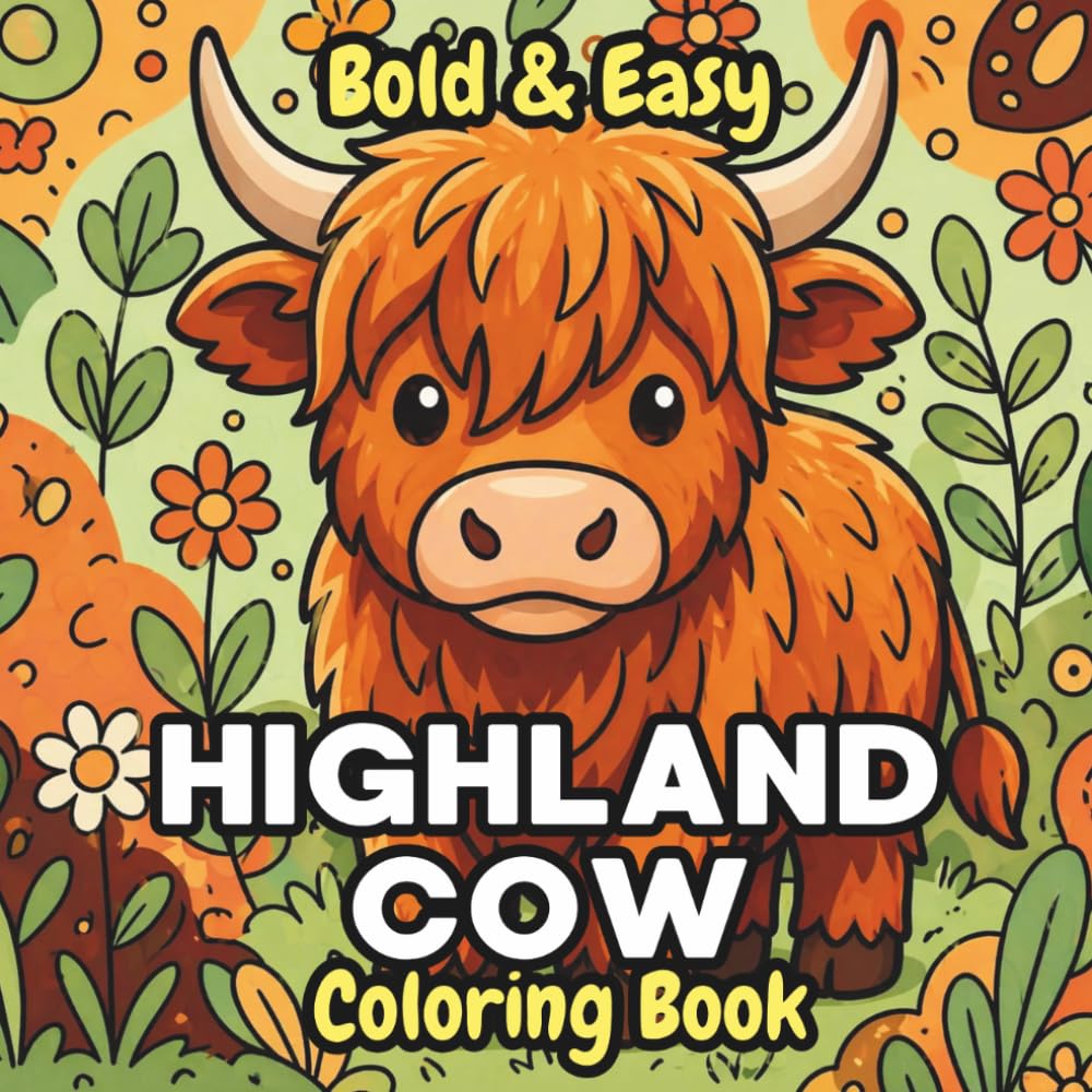 Highland Cow Coloring Book: Bold and Easy Scottish Cow Coloring Pages with Flowers, Farm Scenes and Fun Characters for Adults and Kids | 50 Cute Designs for Stress Relief and Relaxation