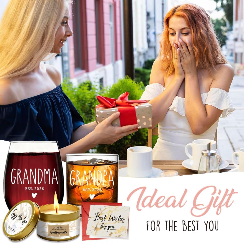 Promoted To Grandparents 2026 Wine Set - First Time Grandparents Gift - Mothers Day, Fathers Day Gift for Grandma Grandpa, Baby Pregnancy Announcement for New Grandma Grandpa