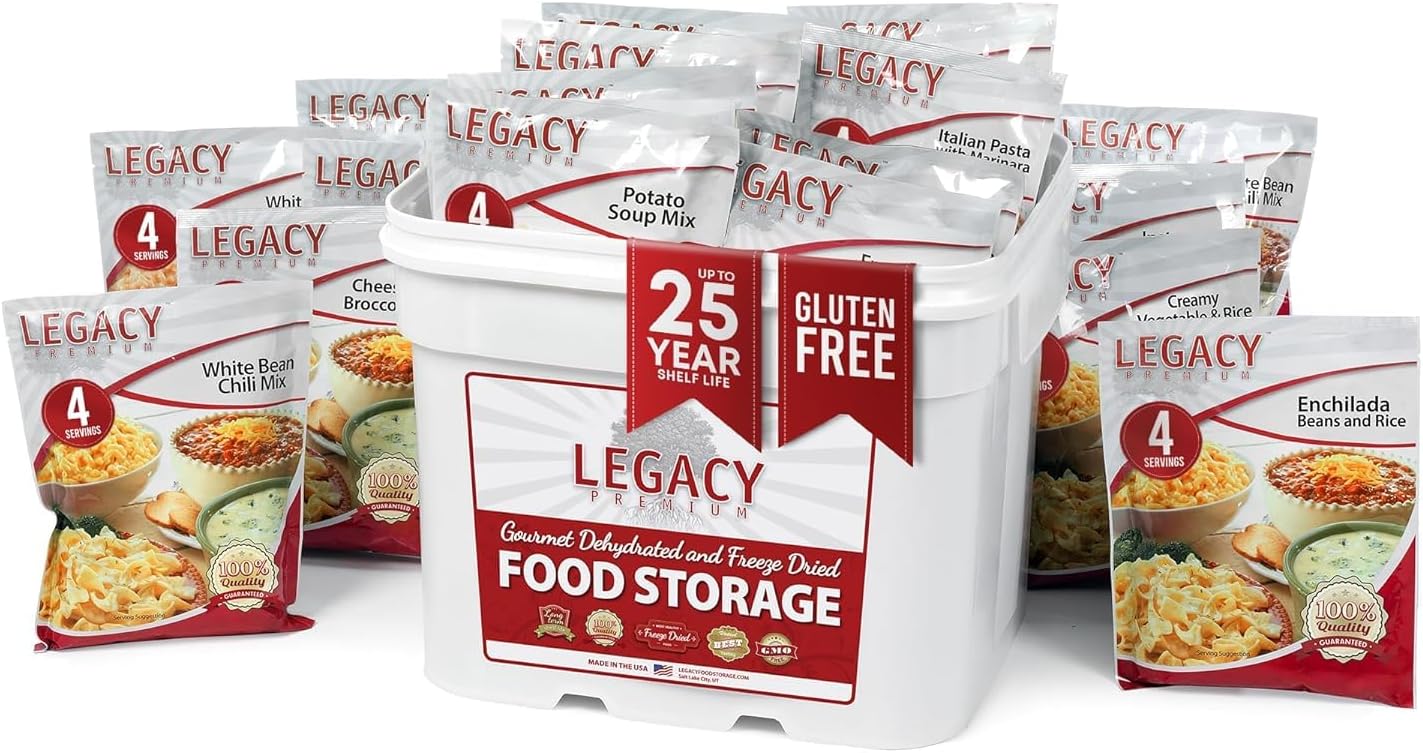 Legacy Food Storage Gluten Free 120 Serving Bucket, Emergency Food Supply, 46,200 Total Calories, 120 Large Servings, Shelf Stable Lunch & Dinner Entrees, Freeze Dried Survival Meals for MRE Camping, Hiking, & Backpacking