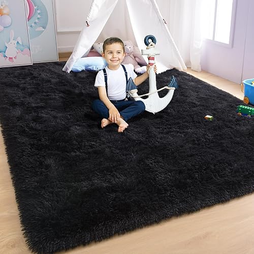 Miniatura 3 de YJ.GWL Alfombras suaves y esponjosas para dormitorio, sala de estar, alfombra de felpa negra para guardería, sala de juegos, dormitorio, alfombra